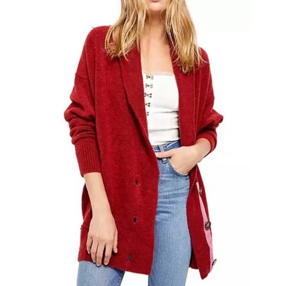 Free People Eucalyptus Cardigan Red Wool Blend Oversized Button Front Sweater